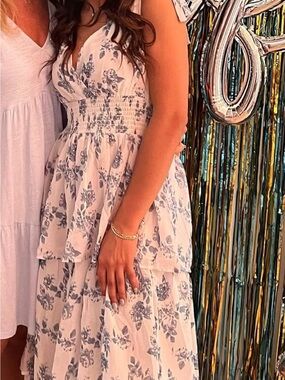 Floral Maxi Dress in White and Blue